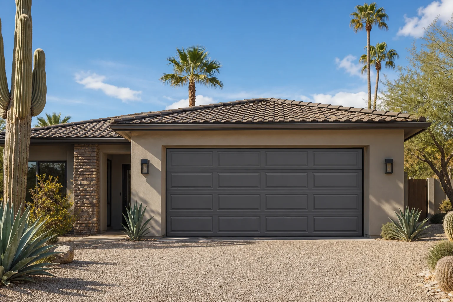 Technician applying 3-in-one garage door lubricant to hinges on a traditional steel garage door on an Arizona stucco home