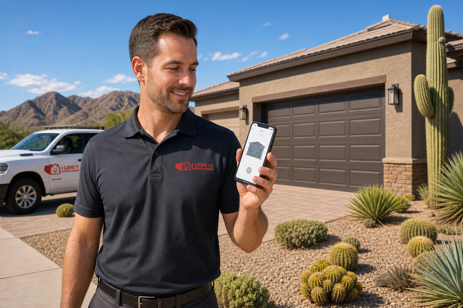 Homeowner using smartphone to control a smart garage door opener outside an Arizona stucco home, best garage door opener 2026 buying guide