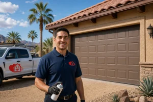 Technician in I Love It Garage Doors uniform holding blaster garage door lubricant spray can next to a residential garage door on an Arizona stucco home