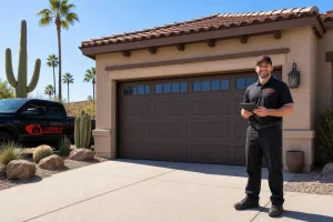 I Love It Garage Doors technician standing beside a closed contemporary garage door on an Arizona stucco home, representing Chamberlain garage door opener installation service in Phoenix