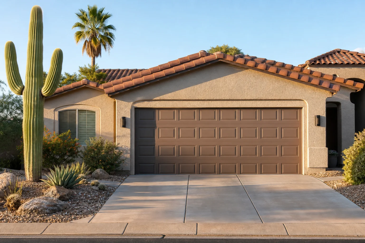 Exterior view of a closed residential garage door on an Arizona home, illustrating the garage door not opening but motor running problem