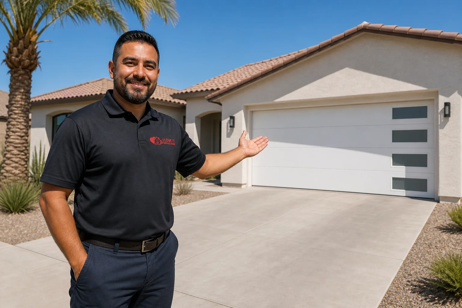 LiftMaster garage door opener installation on a residential Phoenix Arizona home with I Love It Garage Doors technician and desert landscaping