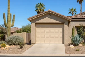 Full exterior view of an Arizona residential home with a closed garage door compatible with a universal garage door opener remote, stucco facade and desert landscaping