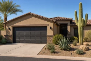 Closed steel garage door on a Phoenix home with desert landscaping showing new garage door style and size options