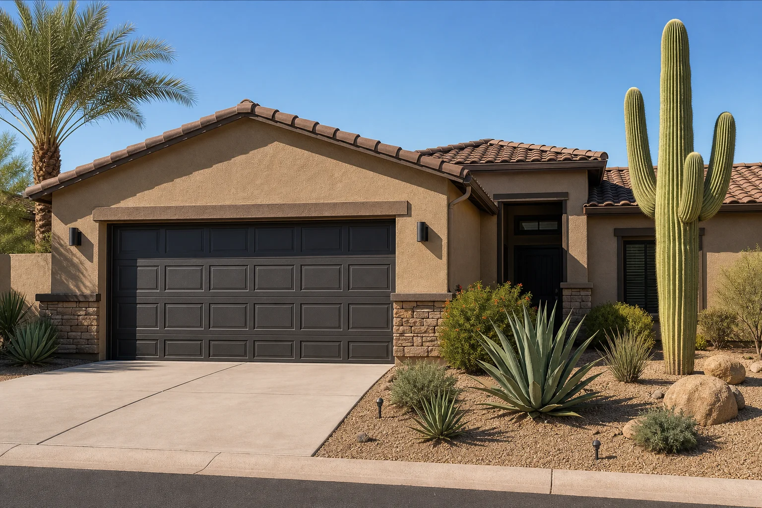 Closed steel garage door on a Phoenix home with desert landscaping showing new garage door style and size options