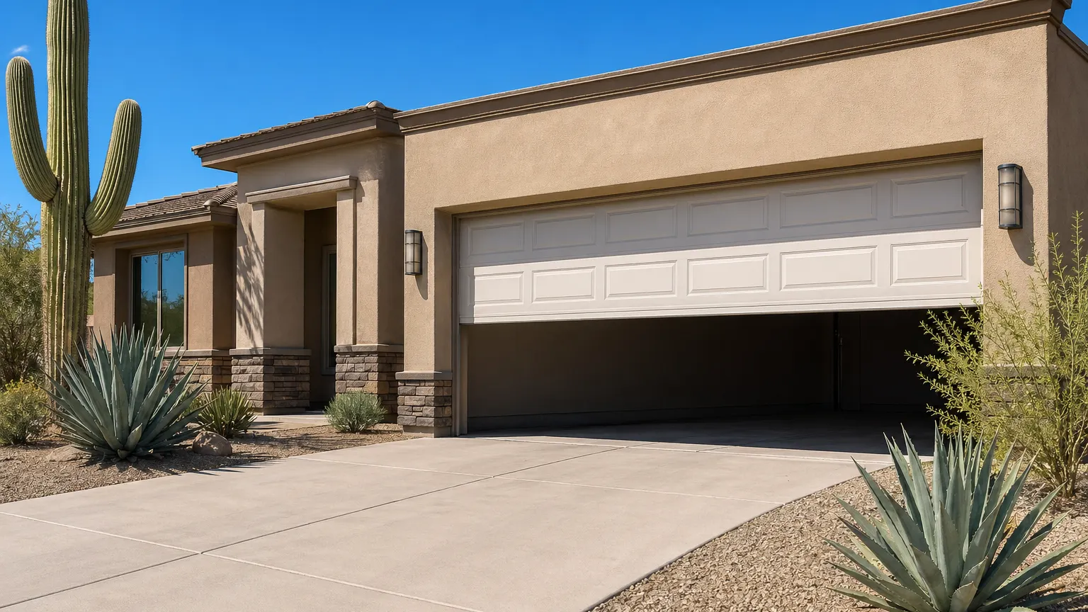 Residential garage door in Phoenix Arizona partially open, stopped before fully opening