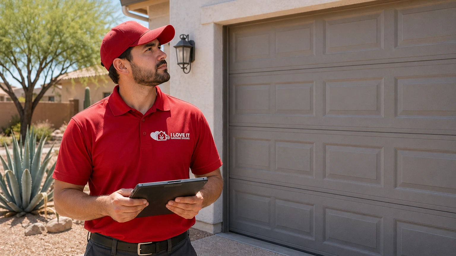 Garage door technician inspecting door track on Arizona residential home during service call