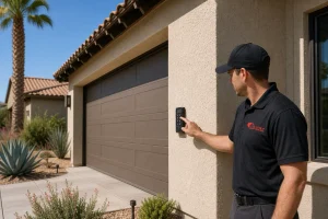 Technician programming a garage door keypad on an Arizona home exterior, illustrating how to fix a garage door keypad not working after changing battery