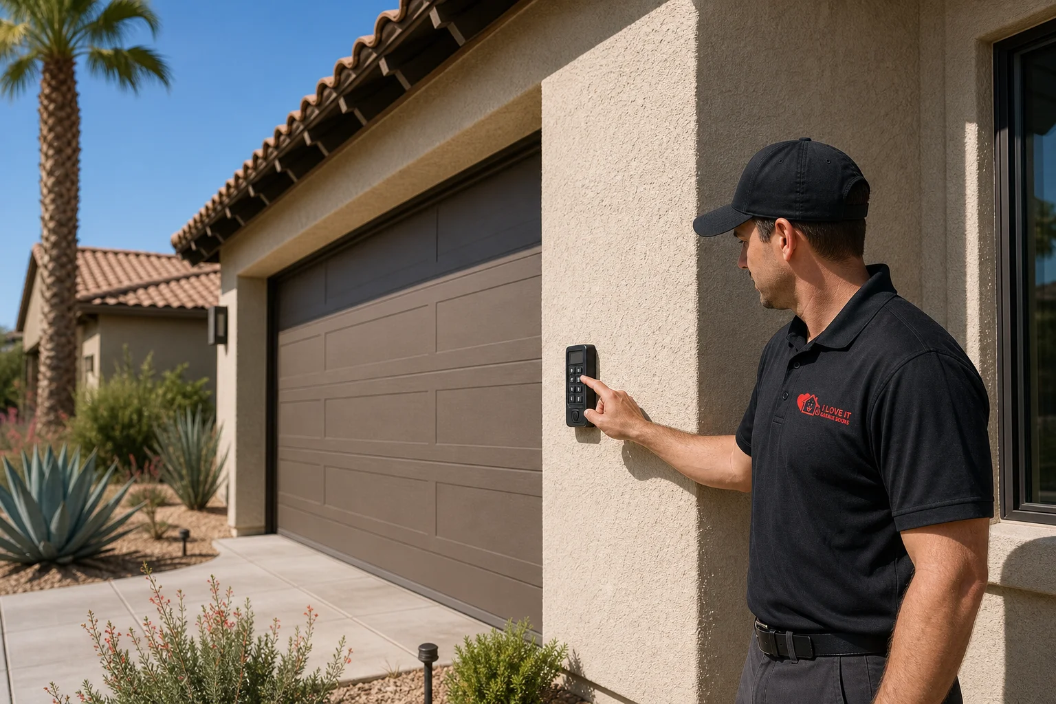 Technician programming a garage door keypad on an Arizona home exterior, illustrating how to fix a garage door keypad not working after changing battery