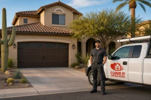 Full exterior view of a home with a new garage door opener installation and branded service truck in Phoenix, AZ