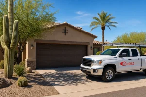 Full exterior view of a residential garage door with a garage door safety sensor system, Phoenix, Arizona home