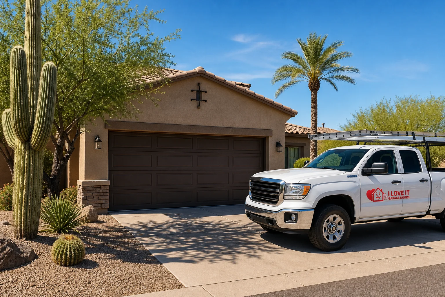 Full exterior view of a residential garage door with a garage door safety sensor system, Phoenix, Arizona home