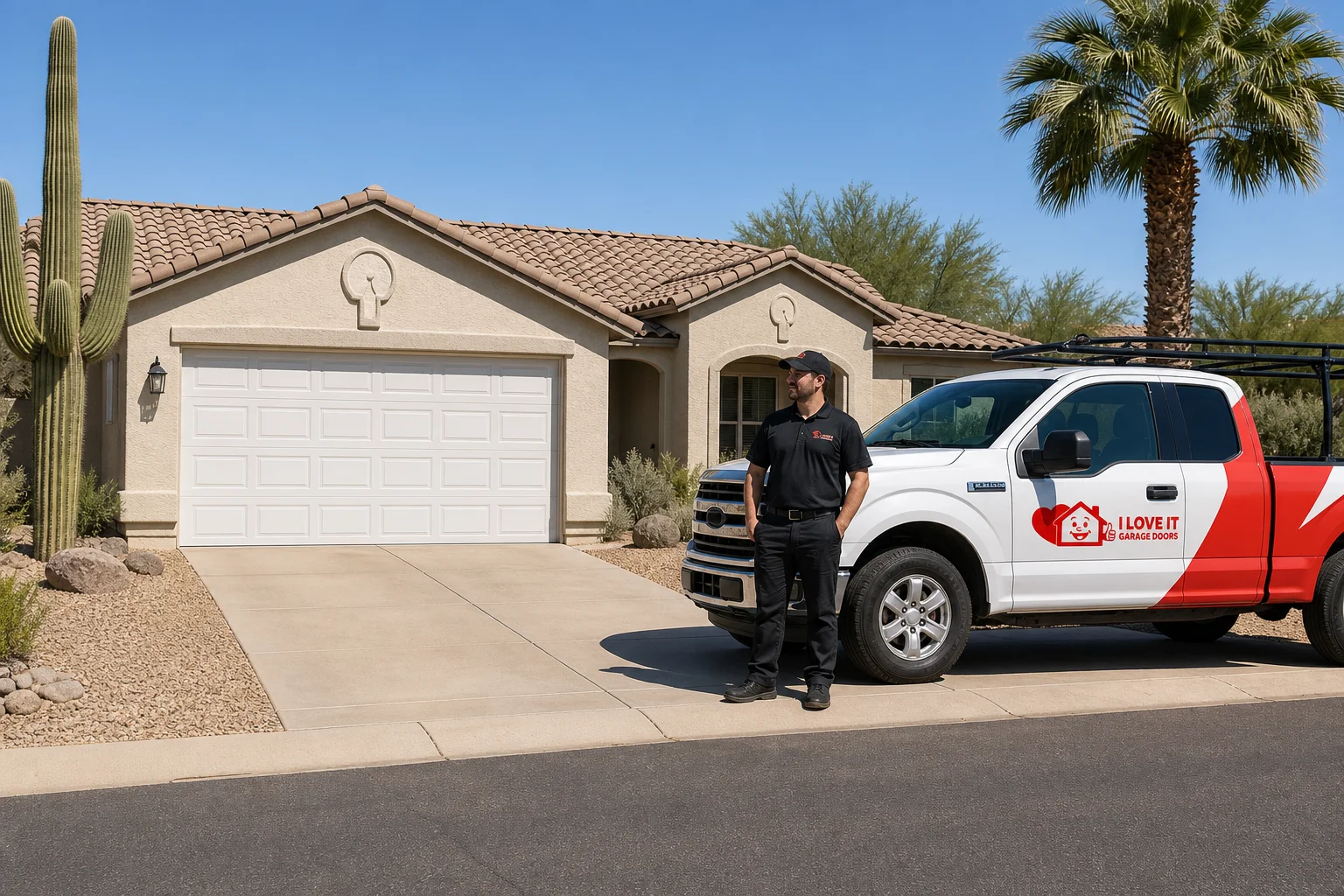 Technician beside a branded I Love It Garage Doors truck next to a closed residential garage door, related to fixing garage door sensors not working in Arizona
