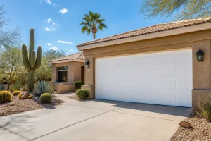Closed garage door on a Phoenix home back for the season after months of summer heat
