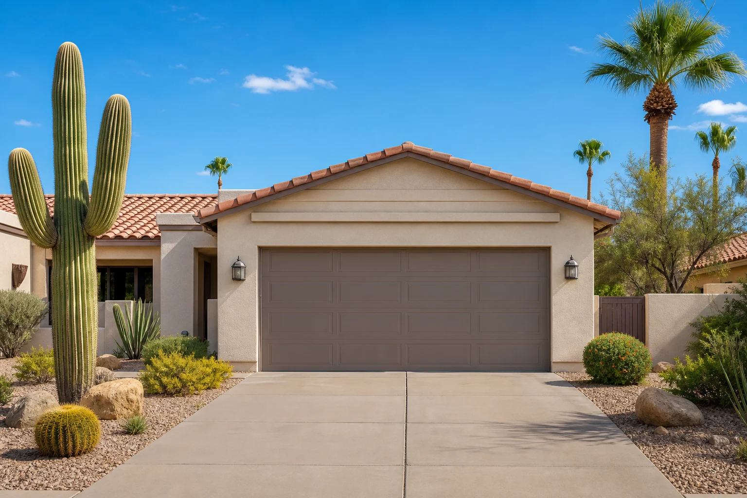 Closed two-car garage door on a stucco Phoenix home in bright midday sun, the focus of broken garage door spring in Phoenix repairs