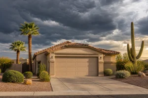 A closed garage door on a Phoenix stucco home with desert landscaping, illustrating monsoon garage door prep before storm season
