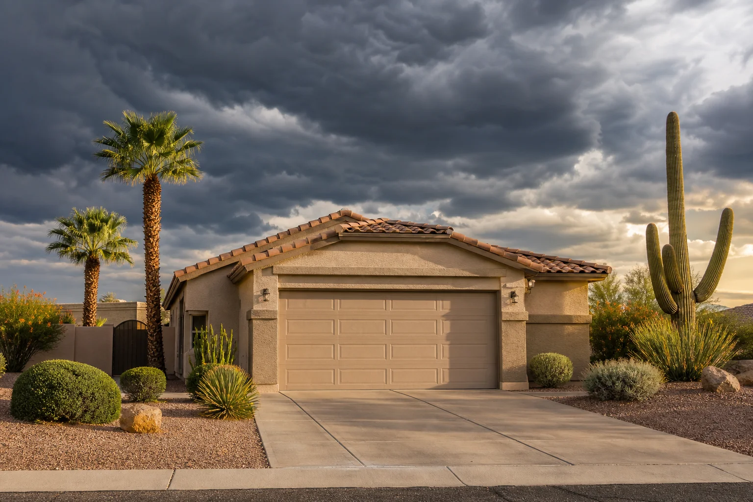 A closed garage door on a Phoenix stucco home with desert landscaping, illustrating monsoon garage door prep before storm season