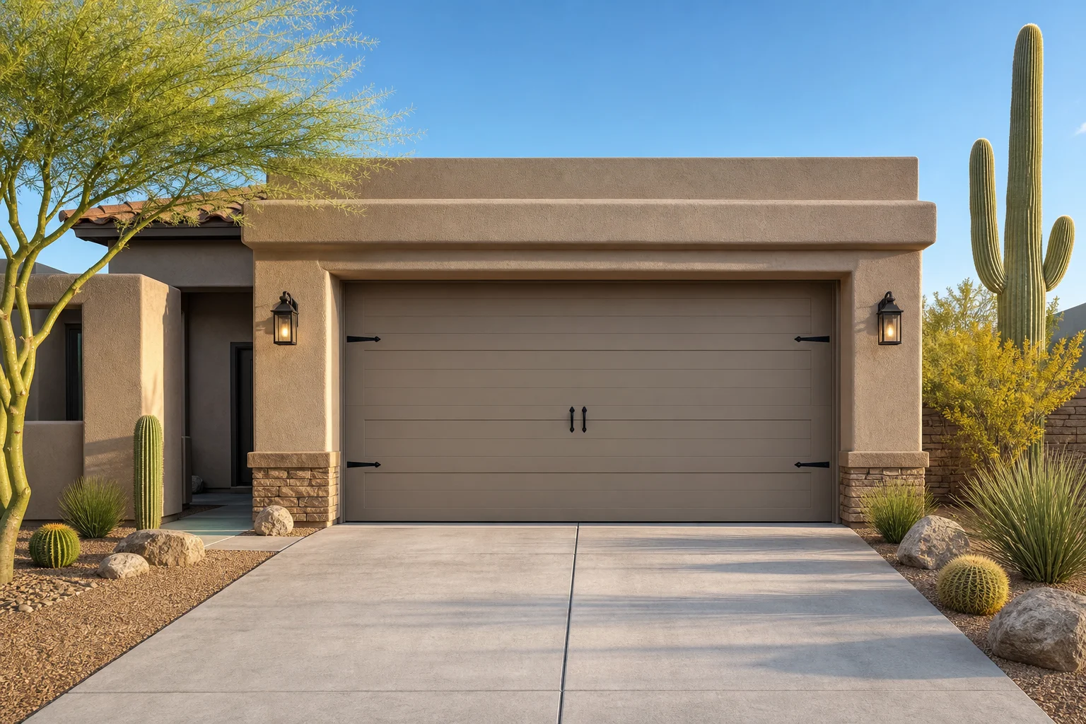 Closed insulated garage door on an Arizona home with desert landscaping representing garage door insulation Arizona homeowners choose