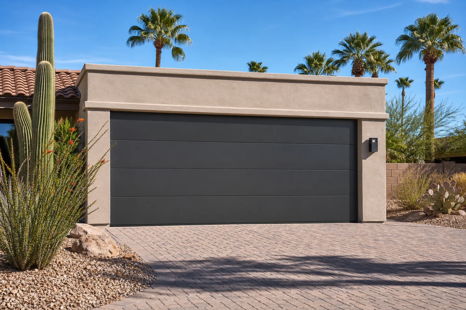 Steel garage door on a stucco Phoenix, Arizona home, one option in the steel vs aluminum garage door decision
