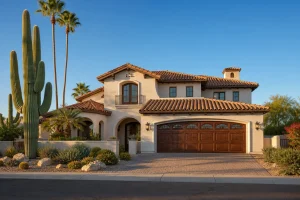 Two-story Spanish stucco home in Scottsdale with a wood-look carriage house garage door and desert landscaping