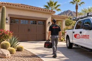 Closed garage door on a Phoenix home after a cable snapped or came off the drum