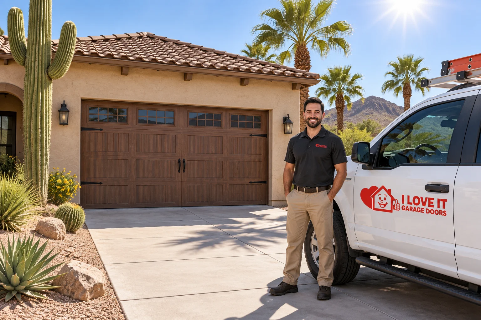 Technician beside a branded truck near a carriage-style garage door during LiftMaster vs Chamberlain vs Genie testing in a 115-degree Phoenix garage